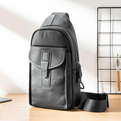 Cool Mens Black Leather 8 inches Chest Bag Sling Black One Shoulder Backpack Sling Backpack for men - imessengerbags