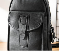 Cool Mens Black Leather 8 inches Chest Bag Sling Black One Shoulder Backpack Sling Backpack for men - imessengerbags