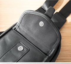 Cool Mens Black Leather 8 inches Chest Bag Sling Black One Shoulder Backpack Sling Backpack for men