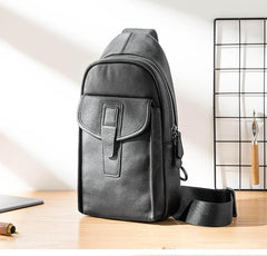 Cool Mens Black Leather 8 inches Chest Bag Sling Black One Shoulder Backpack Sling Backpack for men - imessengerbags