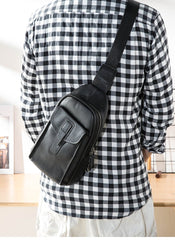Cool Mens Black Leather 8 inches Chest Bag Sling Black One Shoulder Backpack Sling Backpack for men - imessengerbags