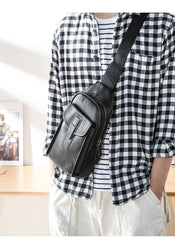 Cool Mens Black Leather 8 inches Chest Bag Sling Black One Shoulder Backpack Sling Backpack for men - imessengerbags