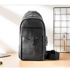 Cool Mens Black Leather 8 inches Chest Bag Sling Black One Shoulder Backpack Sling Backpack for men - imessengerbags