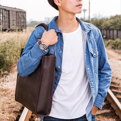 Mens Coffee Black Tote Bag Leather Vintage Cool Handbag Shoulder Bag for Men