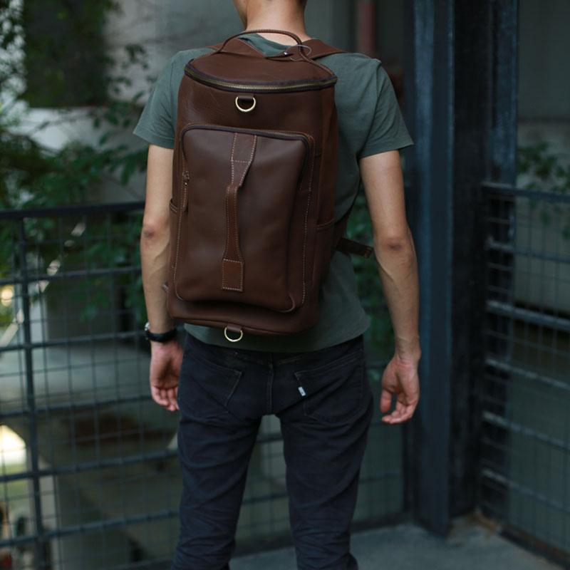 barrel backpack in leather Mens Leather Barrel Backpack Cool Travel Bag Weekender Bag for men