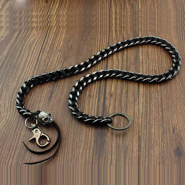 Metal Skull Leather Braided Long Wallet Chain Cool Punk Rock Biker Trucker Wallet Chain Trucker Wallet Chain for Men - imessengerbags