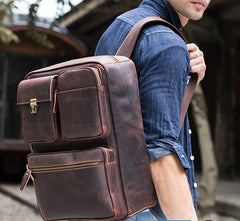 Large Brown Leather Mens Briefcase 15inch Laptop Backpack Work Bag Travel Bag For Men - imessengerbags