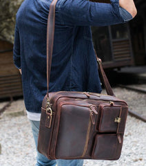 Large Brown Leather Mens Briefcase 15inch Laptop Backpack Work Bag Travel Bag For Men - imessengerbags