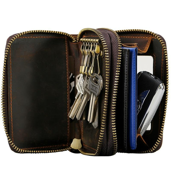 Cool Mens Double Zipper Leather Key Wallet Key Holder Car Key Holder For Men - imessengerbags