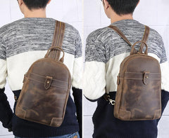 Vintage Brown Leather Men's Sling Bag Backpack Brown One Shoulder Backpack For Men