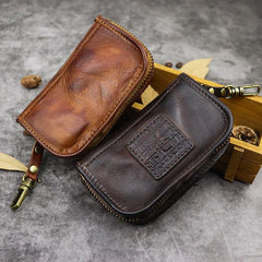 Vintage Brown Leather Men's Car Key Wallet Black Key Zipper Wallet For Men - imessengerbags