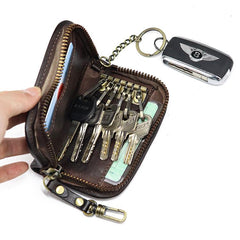 Vintage Brown Leather Men's Car Key Wallet Black Key Zipper Wallet For Men - imessengerbags