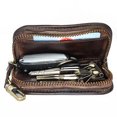 Vintage Brown Leather Men's Car Key Wallet Black Key Zipper Wallet For Men - imessengerbags