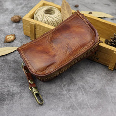 Vintage Brown Leather Men's Car Key Wallet Black Key Zipper Wallet For Men - imessengerbags