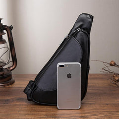 Cool Black Leather Mens Sling Bag Chest Bag One-Shoulder Backpack For Men