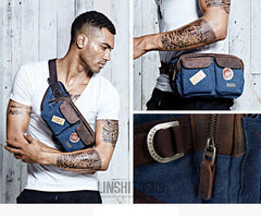 Navy Blue Canvas Leather Fanny Pack Men's Brown Chest Bag Canvas Sling Hip Bag Waist Bag For Men