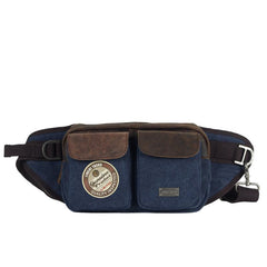 Navy Blue Canvas Leather Fanny Pack Men's Brown Chest Bag Canvas Sling Hip Bag Waist Bag For Men