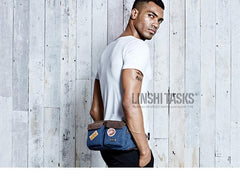 Navy Blue Canvas Leather Fanny Pack Men's Brown Chest Bag Canvas Sling Hip Bag Waist Bag For Men