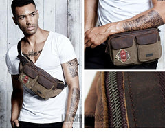 Navy Blue Canvas Leather Fanny Pack Men's Brown Chest Bag Canvas Sling Hip Bag Waist Bag For Men