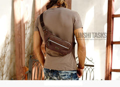 Navy Blue Canvas Leather Fanny Pack Women's Small Khaki Canvas Chest Bag Sling Hip Bag Waist Bag For Men