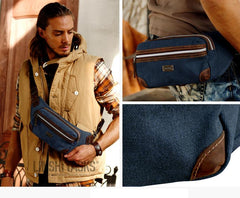 Navy Blue Canvas Leather Fanny Pack Women's Small Khaki Canvas Chest Bag Sling Hip Bag Waist Bag For Men