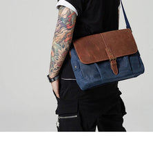 Navy Blue Leather Waxed Canvas Mens Side Bag Messenger Bags Gray Casual Courier Bags for Men