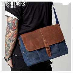 Navy Blue Leather Waxed Canvas Mens Side Bag Messenger Bags Gray Casual Courier Bags for Men