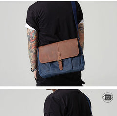 Navy Blue Leather Waxed Canvas Mens Side Bag Messenger Bags Gray Casual Courier Bags for Men