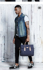 Navy Blue Canvas Leather Mens Briefcase Messenger Bags Khaki Casual Shoulder Bag for Men