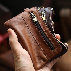 Black Leather Mens Short Coin Wallet Zipper Small Coin Holder Change Pouch For Men
