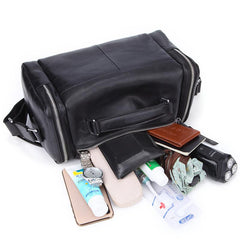 Fashion Black Leather Men's Small Barrel Side Bag Travel Bag Small Black Overnight Bag For Men