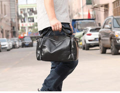 Fashion Black Leather Men's Small Barrel Side Bag Travel Bag Small Black Overnight Bag For Men