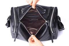 Fashion Black Leather Men's Small Barrel Side Bag Travel Bag Small Black Overnight Bag For Men - imessengerbags