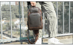 Vintage Brown Leather Men's One Shoulder Backpack Chest Bag Sling Crossbody Pack For Men