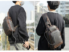 Vintage Brown Leather Men's One Shoulder Backpack Chest Bag Sling Crossbody Pack For Men