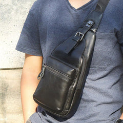 Black Leather Men's Sling Bag Coffee Chest Bag One Shoulder Backpack For Men - imessengerbags