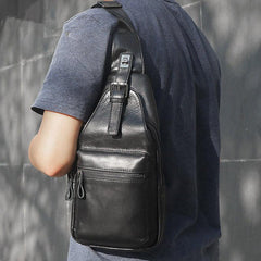 Black Leather Men's Sling Bag Coffee Chest Bag One Shoulder Backpack For Men - imessengerbags