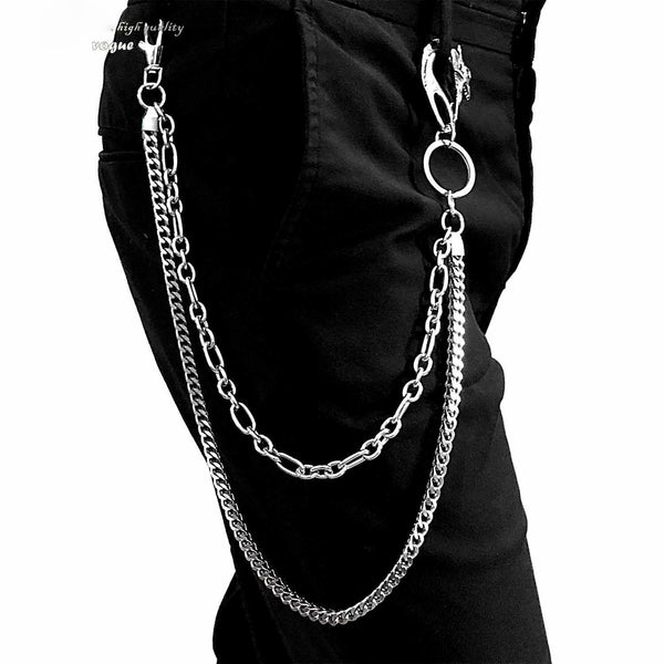 Badass Stainless Steel Mens Double Wallet Chain Long Silver Biker Wallet Chain For Men - imessengerbags