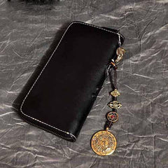 Badass Black Leather Men's Long Biker Handmade Wallet Ganesha Tooled Zipper Chain Long Wallets For Men