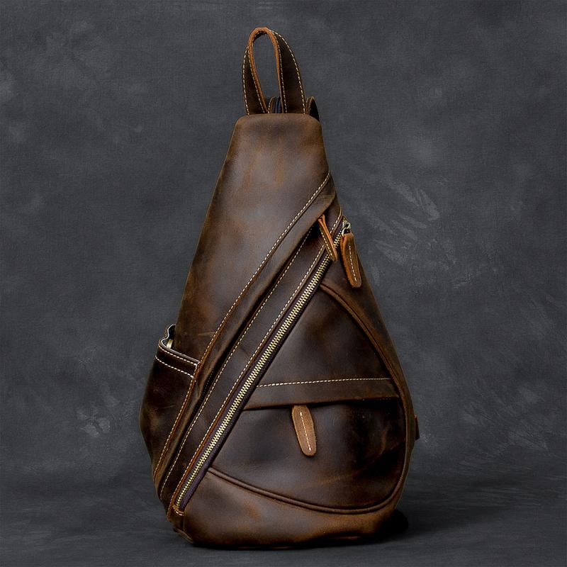 Vintage Leather Mens 16" Backpack Sling Bag Brown Chest Bag One Shoulder Backpack for Men