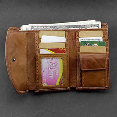 BADASS BROWN SKULL LEATHER MENS TRIFOLD SMALL BIKER WALLETS CHAIN WALLET WALLET WITH CHAIN FOR MEN - imessengerbags
