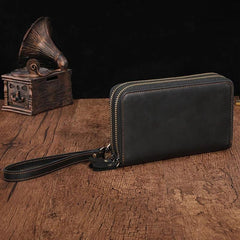 Cool Leather MensLong Wallet Double Zipper Clutch Wallet Wristlet Wallet