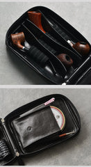 Cool Leather Black Mens Leather 4pcs Tobacco Pipe Case Zipper Tobacco Pipe Case for Men - imessengerbags