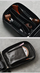 Cool Leather Black Mens Leather 4pcs Tobacco Pipe Case Zipper Tobacco Pipe Case for Men
