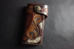 Tooled Handmade Leather Mens Long Biker Wallets Chain Wallet Biker Chain Wallets For Men