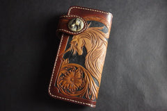 Tooled Handmade Leather Mens Long Biker Wallets Chain Wallet Biker Chain Wallets For Men