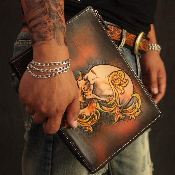 Cool Handmade Tooled Leather Tan Floral Skull Clutch Wallet Wristlet Bag Clutch Purse For Men