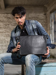 Black Large Leather Mens Cool Messenger Bags Shoulder Bags  for Men