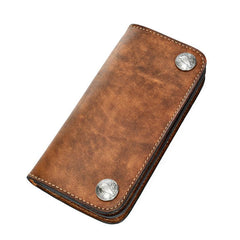 [On Sale] Handmade Mens Long Biker Wallets with Chain Cool Zipper Leather Biker Chain Wallet