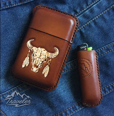 Brown Leather Mens Engraved Skull Cigarette Holder Case Vintage Custom Cigarette Case for Men - imessengerbags